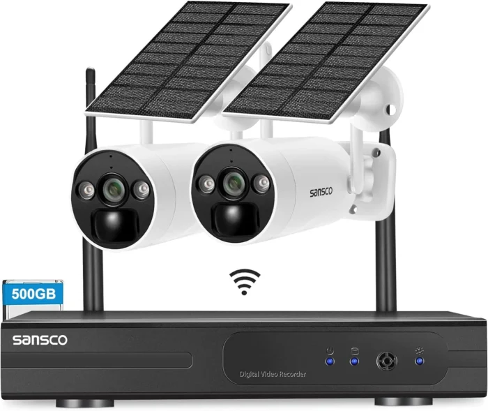 SANSCO Wire-Free Solar Battery Powered Security Camera System, 10 Channel 2K NVR Wireless Recorder with 500GB Hard Drive, 2x 4MP Outdoor WiFi IP Camera with Solar Panel, Night Vision, 2 Way Audio - Image 1
